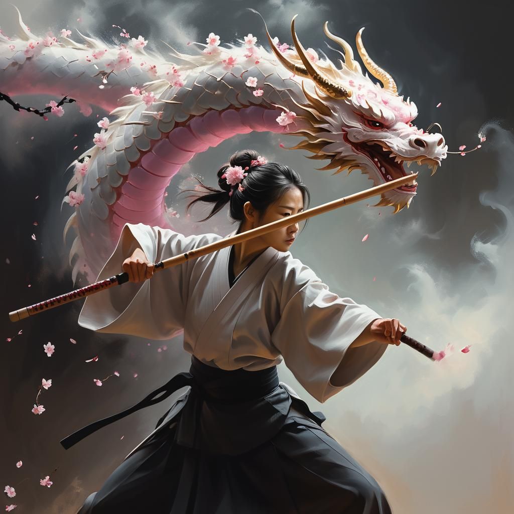 Surreal Aikido Master with Cherry Blossom Dragon