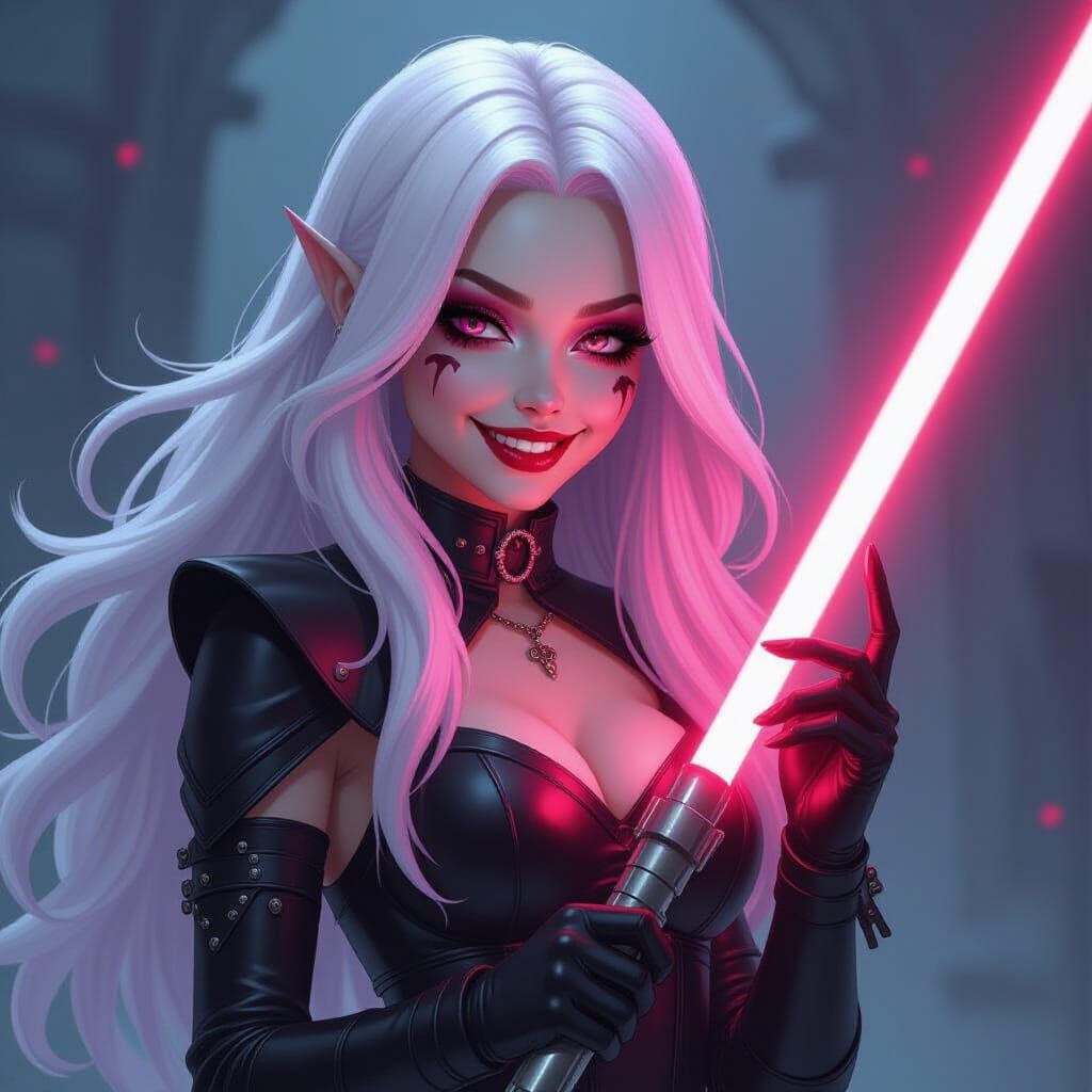 Gothic Pink Alien with Red Lightsaber and Emo Makeup