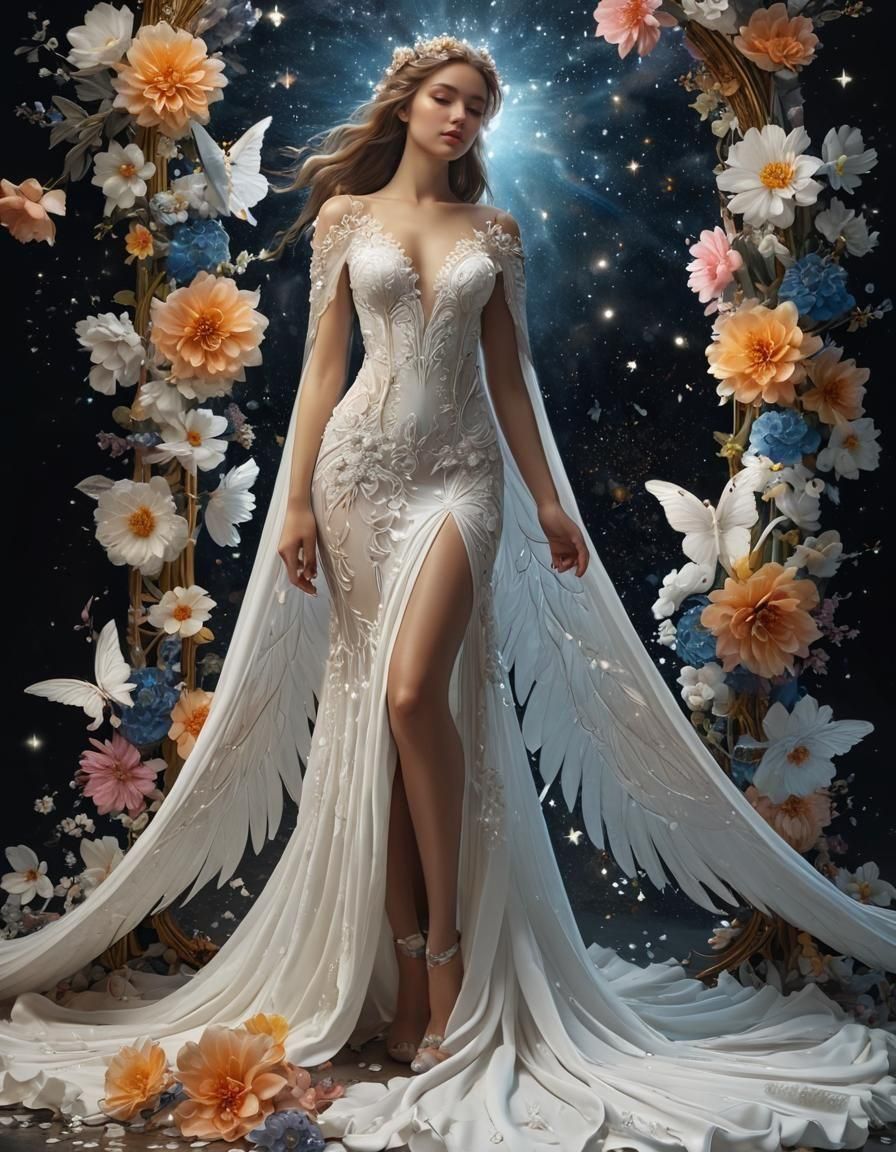 Stunning Angel in Haute Couture Dress with Wings
