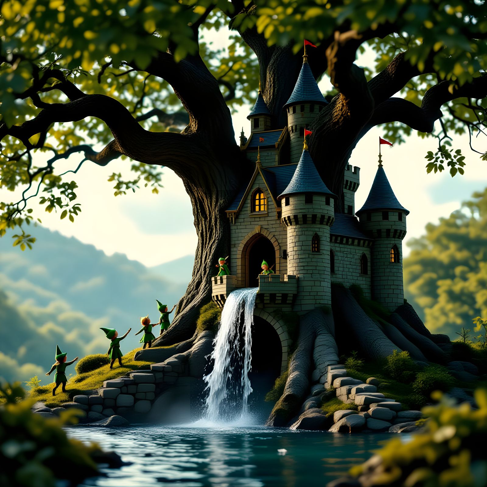 Majestic Oak Tree Castle with Elves, Cinematic Film Still