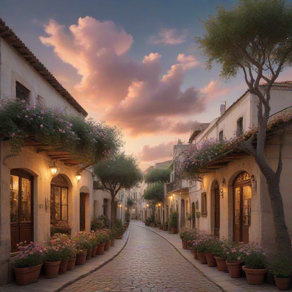 Sicilian Town at Dusk in Dreamy Pastel Hues