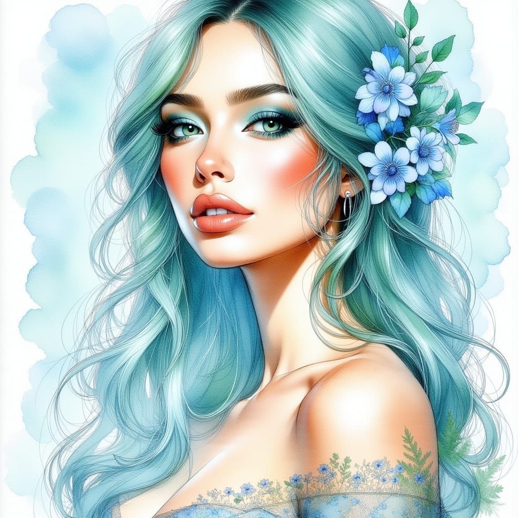 Pretty Woman with Teal Hair and Turquoise Eyes in Watercolor...