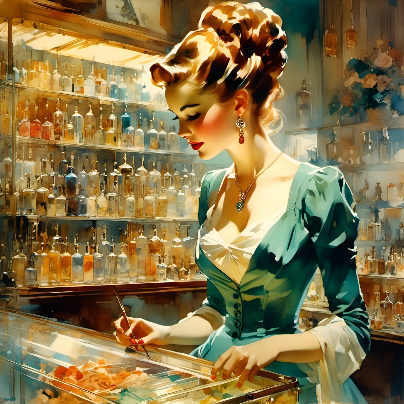 Girl in Shop: Stylized Watercolor Art