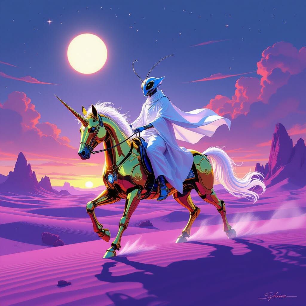 Mantis Rider on Robot Unicorn in Purple Desert
