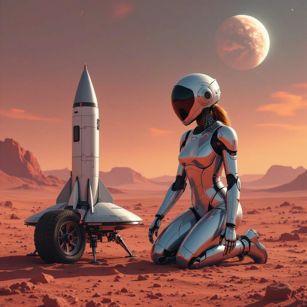 Robot Fixes Rocket Car on Mars in Futuristic Style