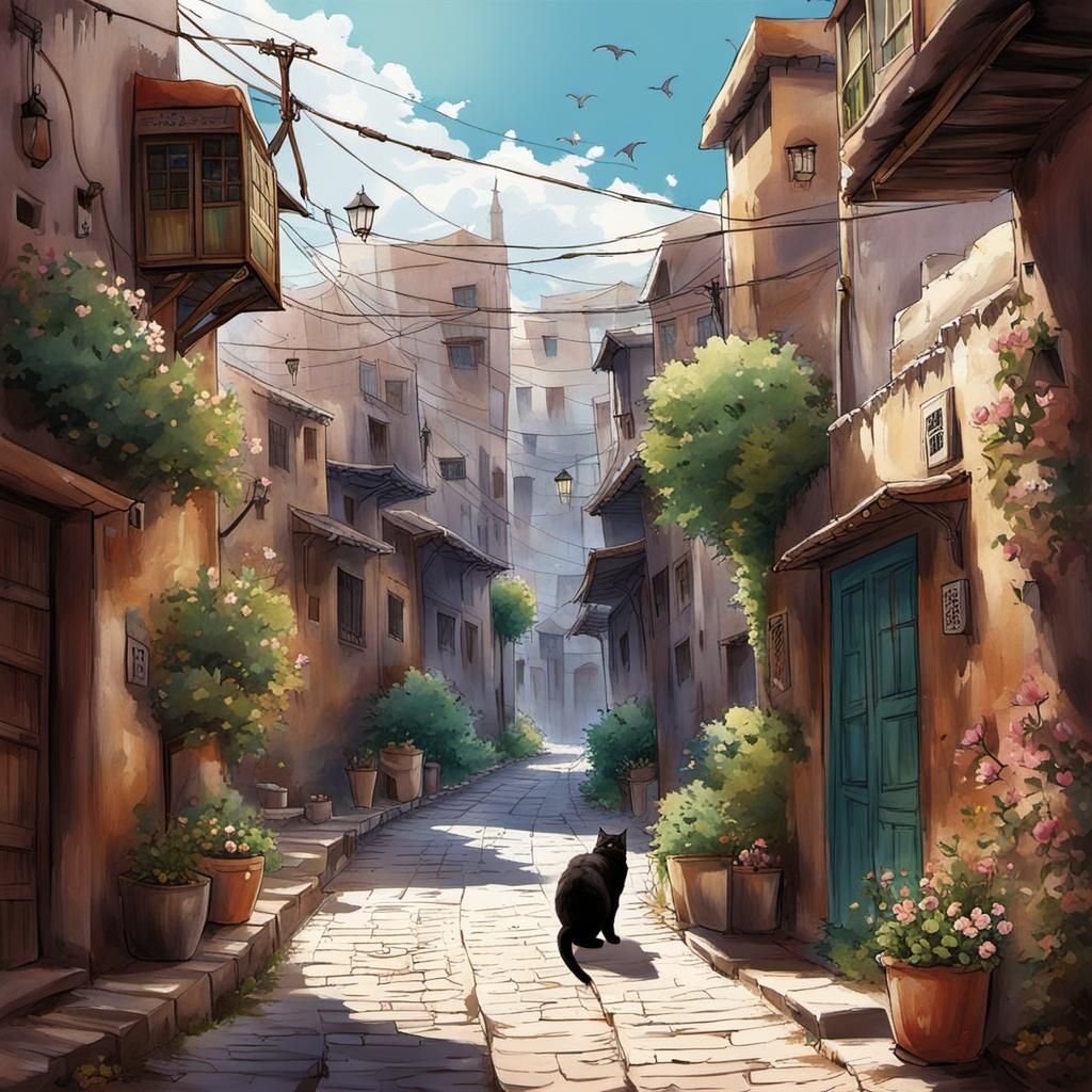 Moroccan Village Street Scene in Anime Style