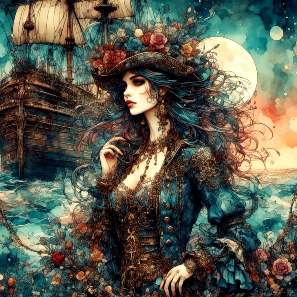 Lady Pirate on Ship at Dusk in Watercolor Style
