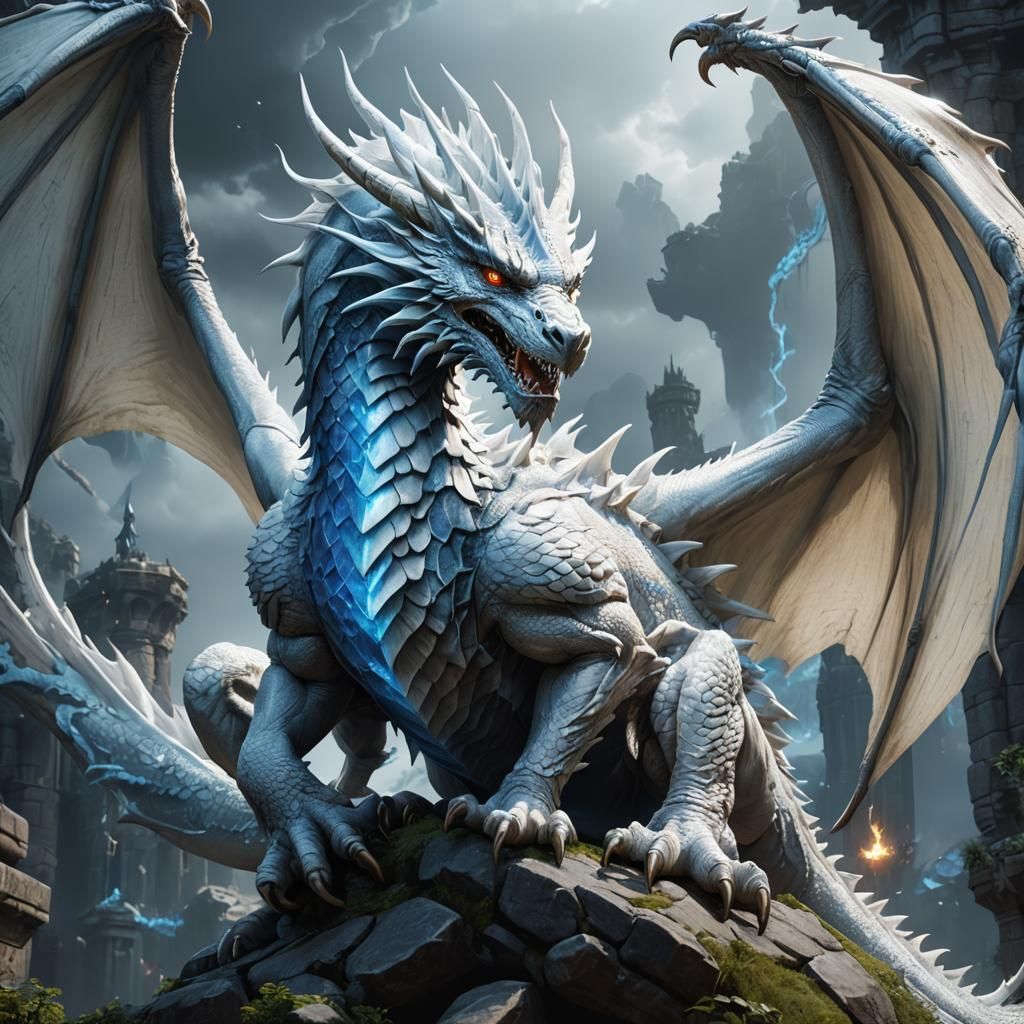 White Dragon Emitting Blue Light in Detailed Matte Painting