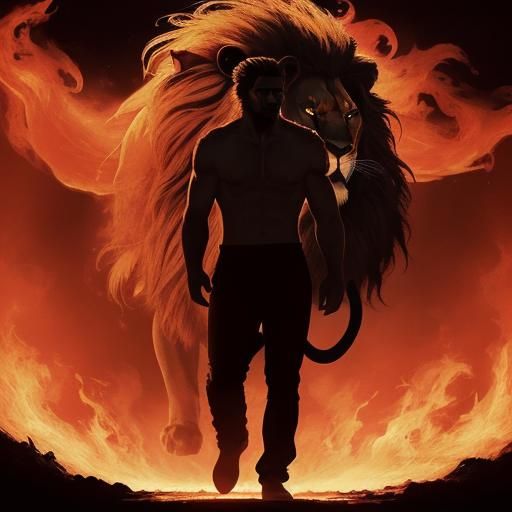 Courageous Lion Protector in Fiery Landscape