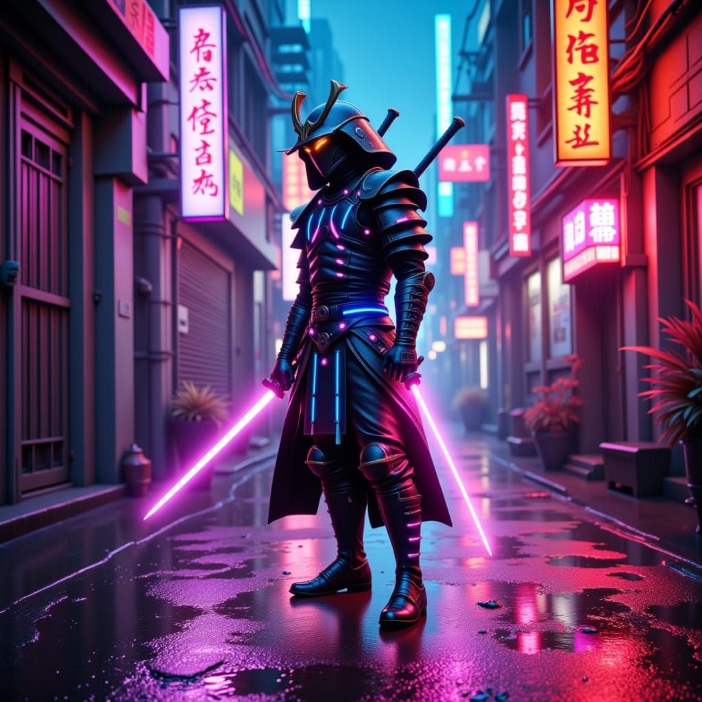 Cyberpunk Samurai Warrior in Neon Alley