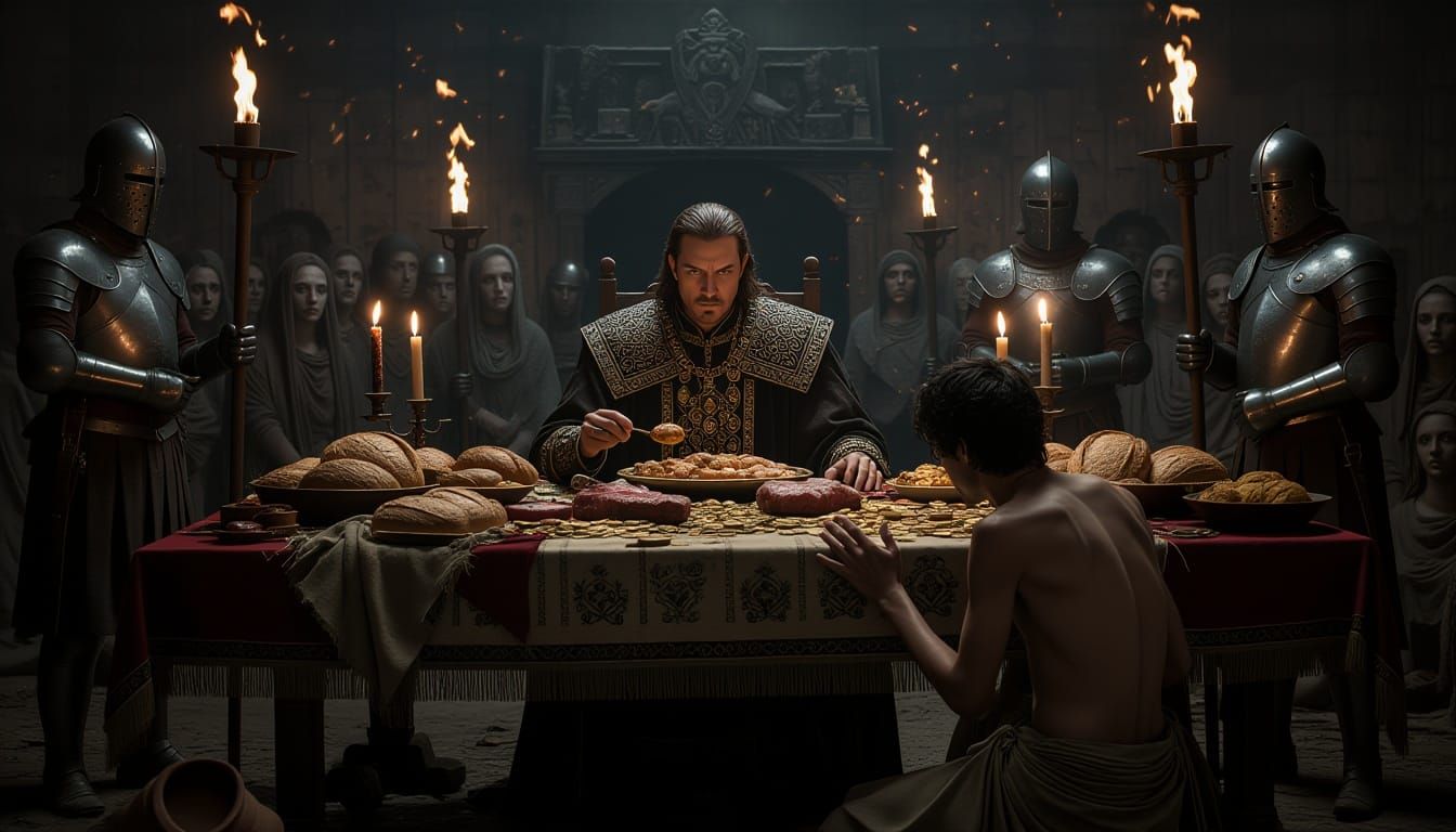 Cinematic Scene of Ruler Feasting Amidst Starvation