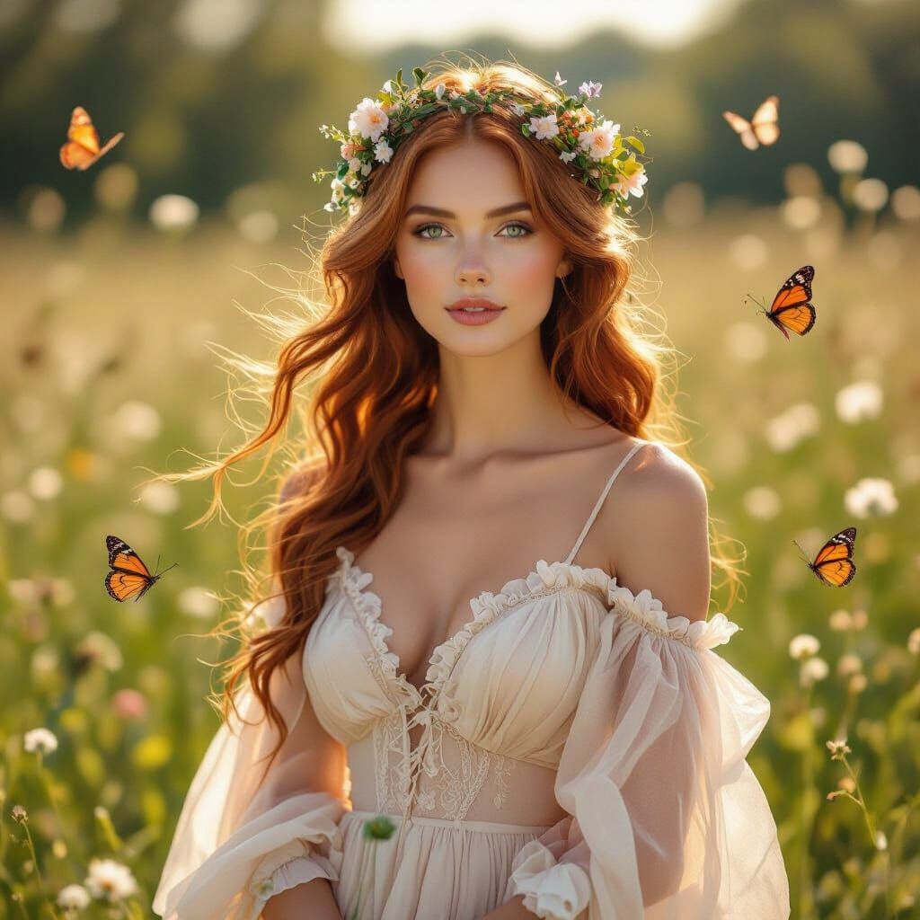 Romantic Woman in Meadow, Hyperrealistic Floral Artwork