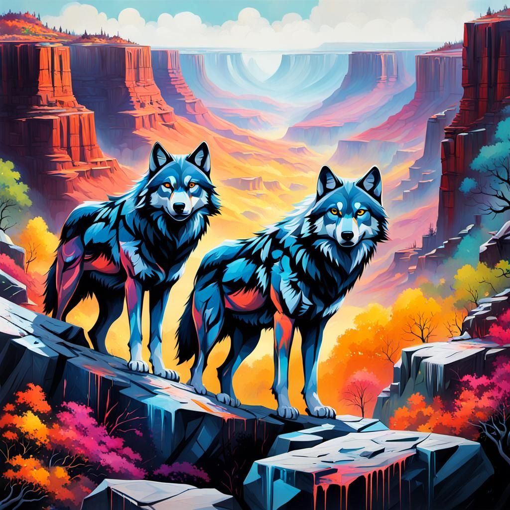 Wolves on craggy rocks overlooking a vast deep canyon