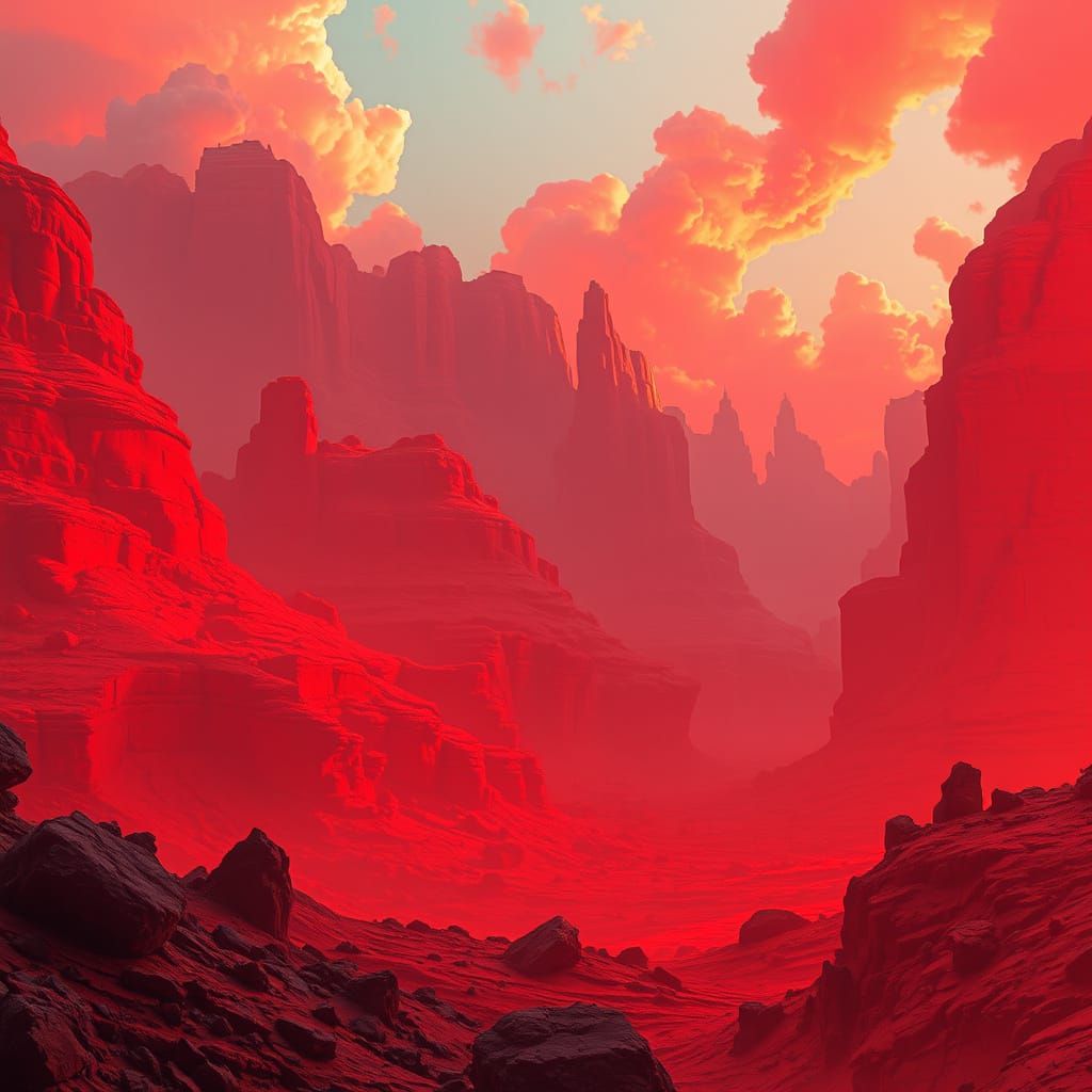 Intense Fiery Red Landscape in Dystopian Surreal Style