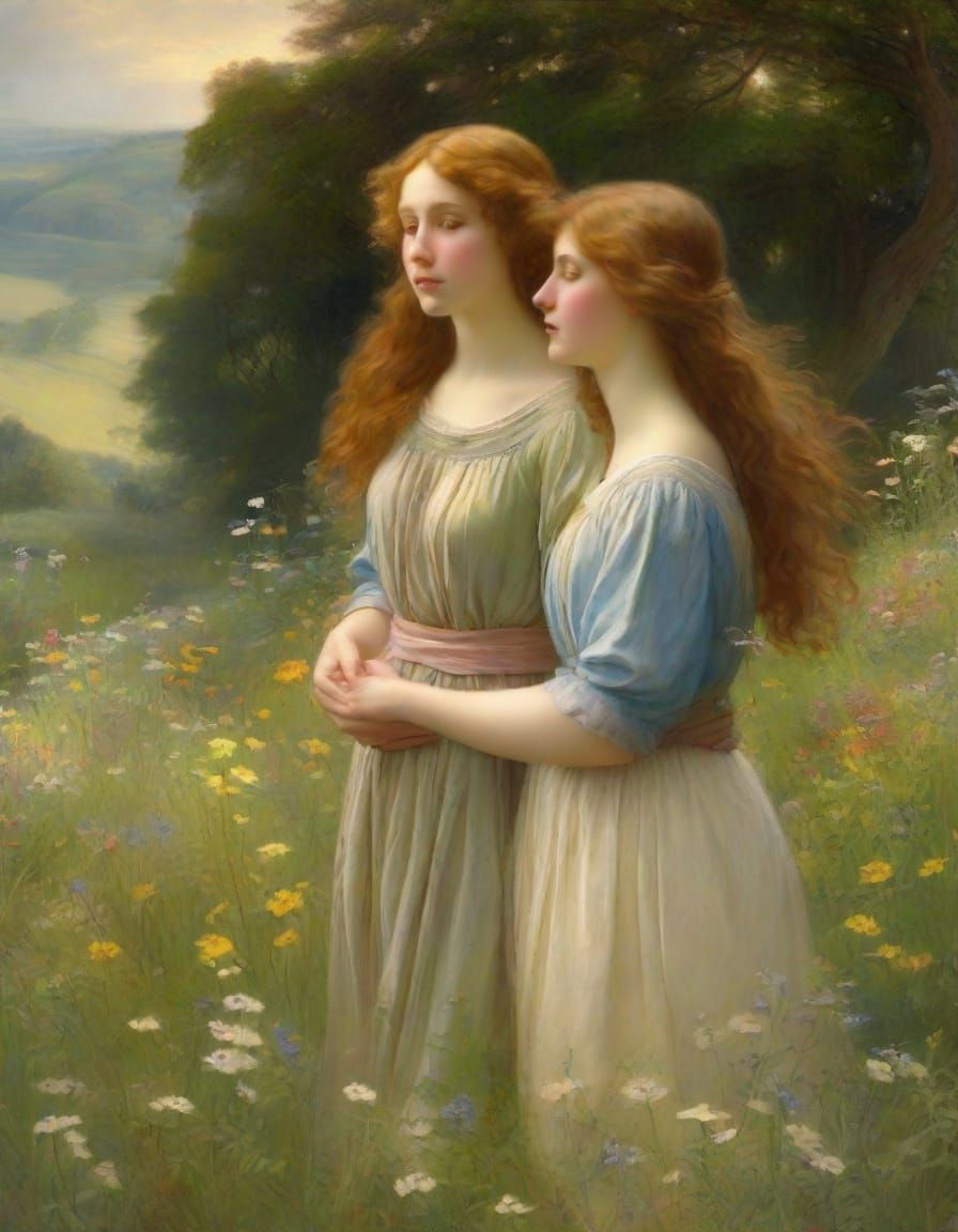Romantic Embrace in Wildflower Meadow: Pre-Raphaelite Painti...