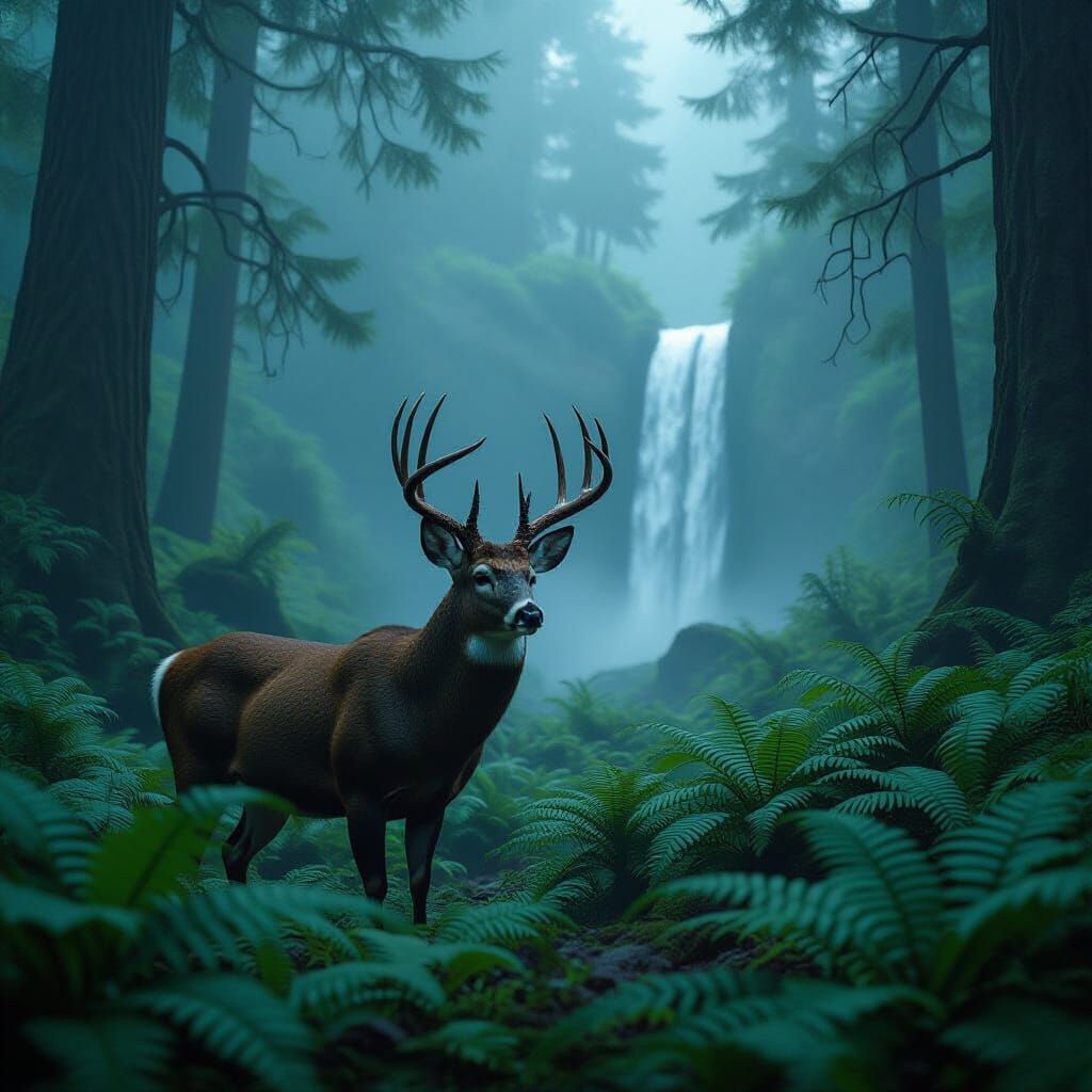 Misty Deer in Forest Waterfall, Cinematic Style