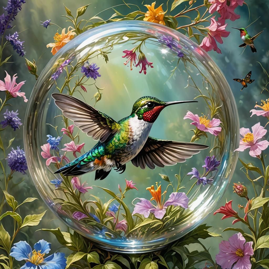 Hummingbird and Wildflower in Glass Orb
