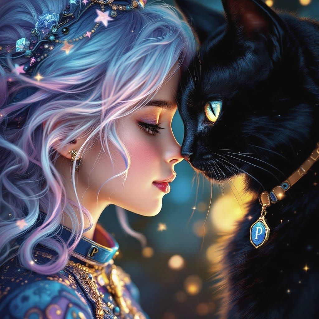 Hyperrealistic Portrait of a Girl and Majestic Black Cat in....