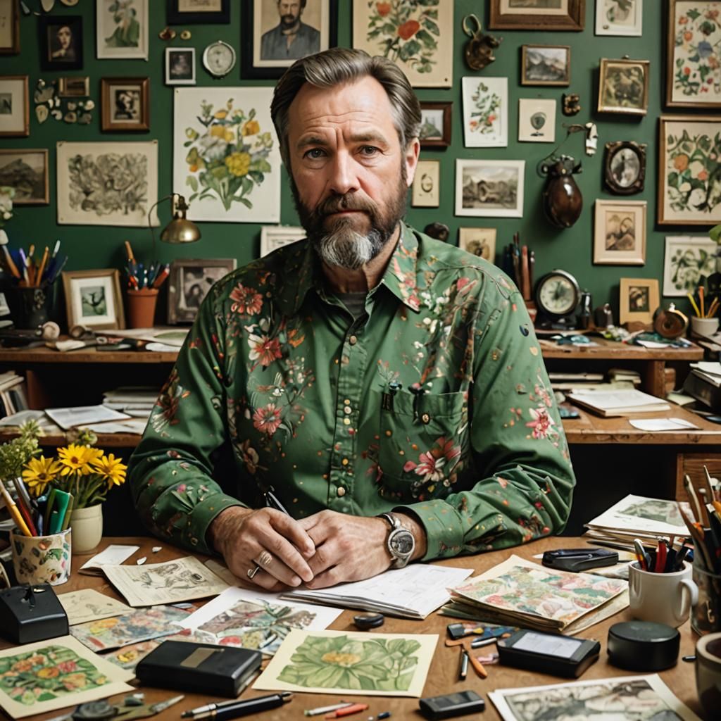 Man with Beard in Green Floral Shirt