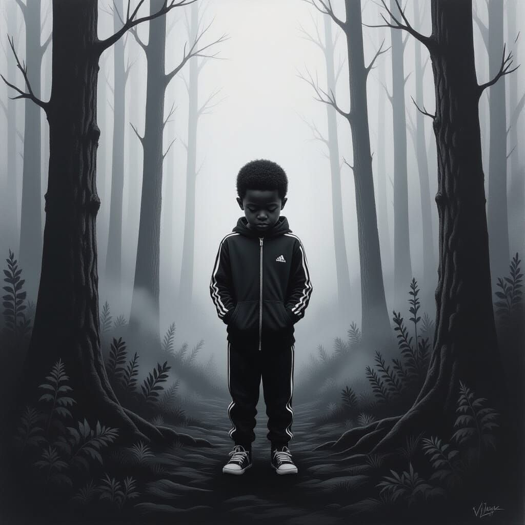 Lost Boy in Misty Forest, Charcoal Drawing