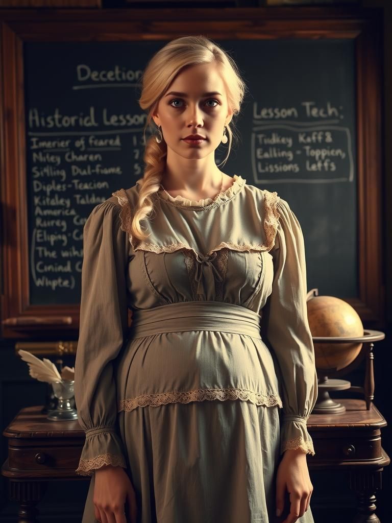 Pregnant Teacher in Colonial Classroom, Hyper-Realistic Styl...