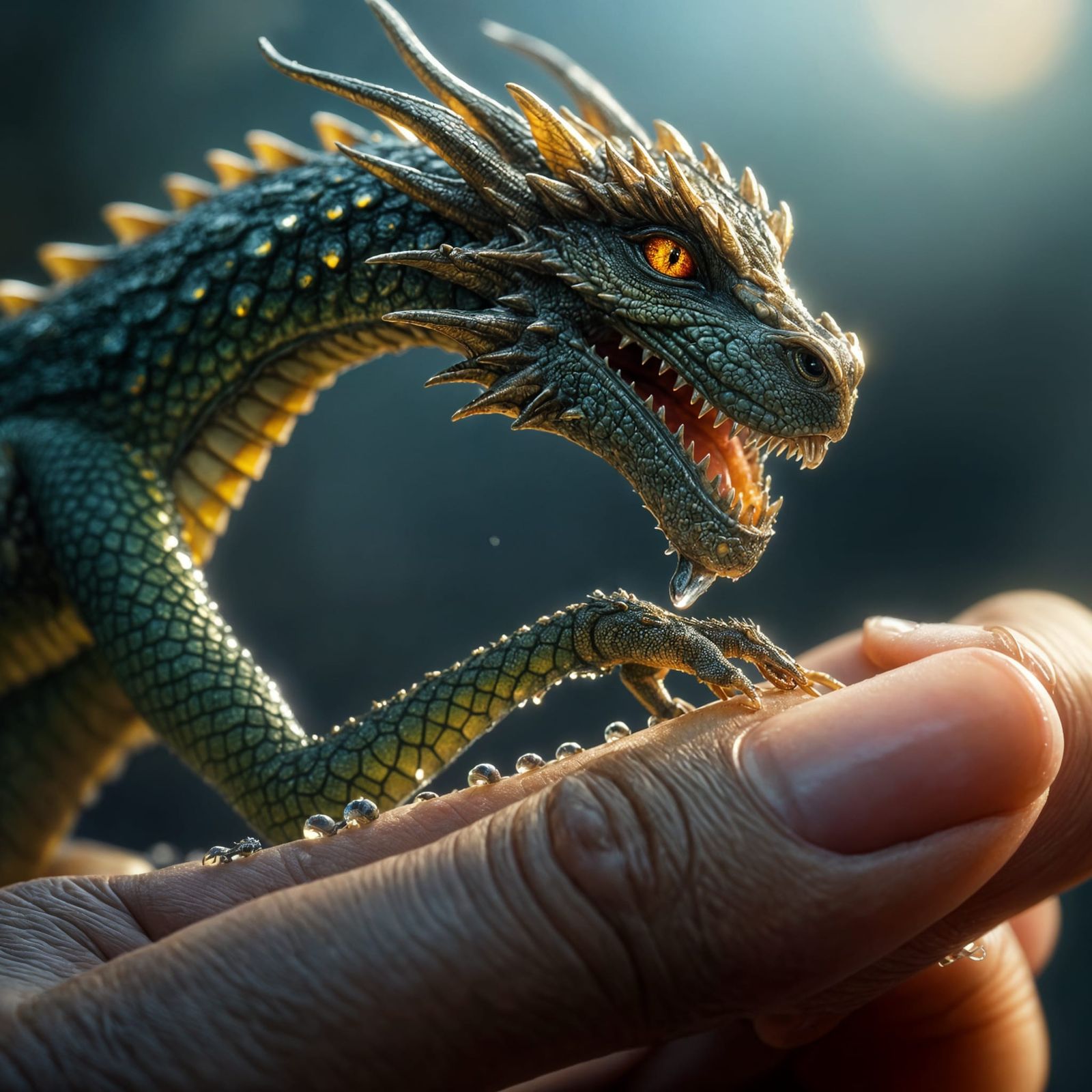 A miniature dragon on a fingernail,while being examined by t...