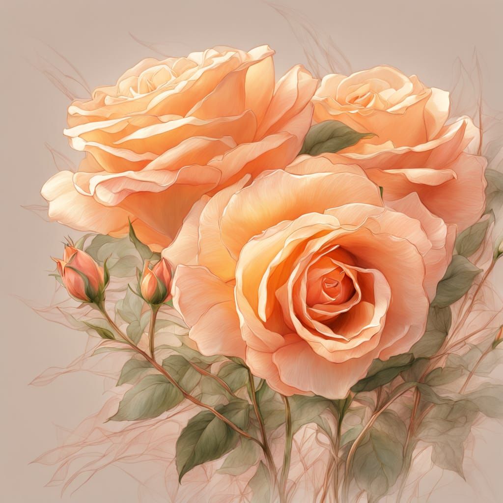 Peach Roses Bouquet in Delicate Golden Lines
