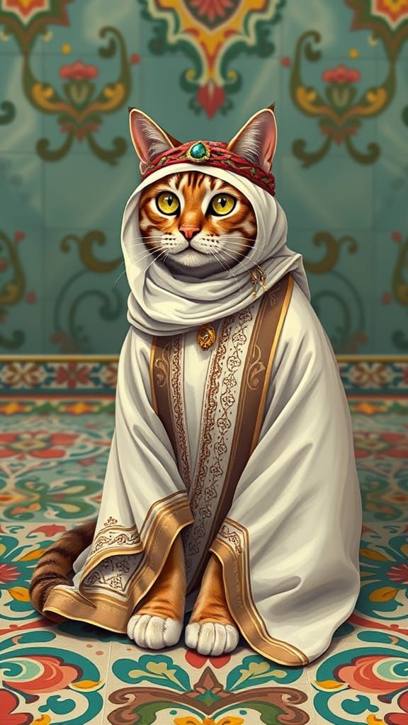 Cat in Arabic Attire on Middle Eastern Tiles