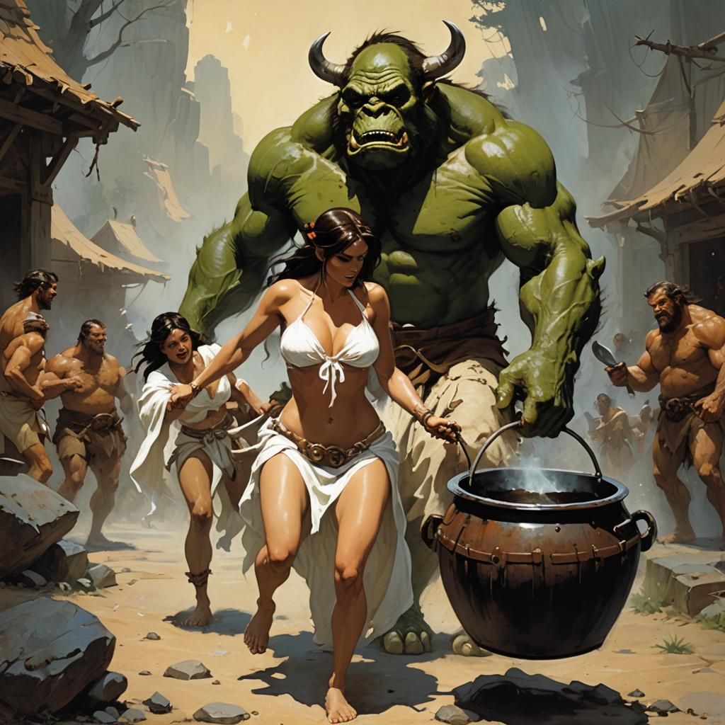 Ogre Captures Woman: Frazetta-Style Fantasy Art