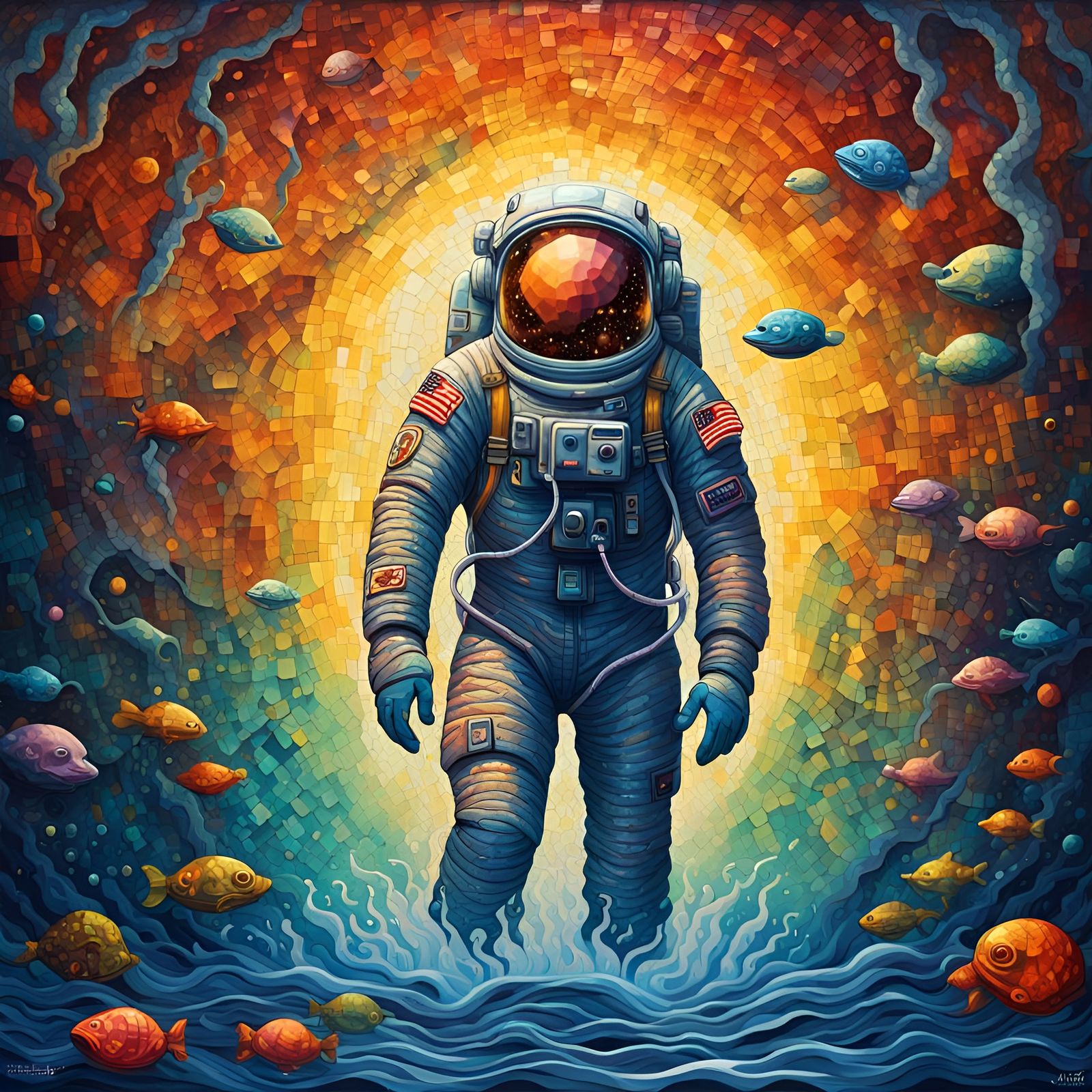 Underwater Astronaut with Kraken in Mosaic Tile Art