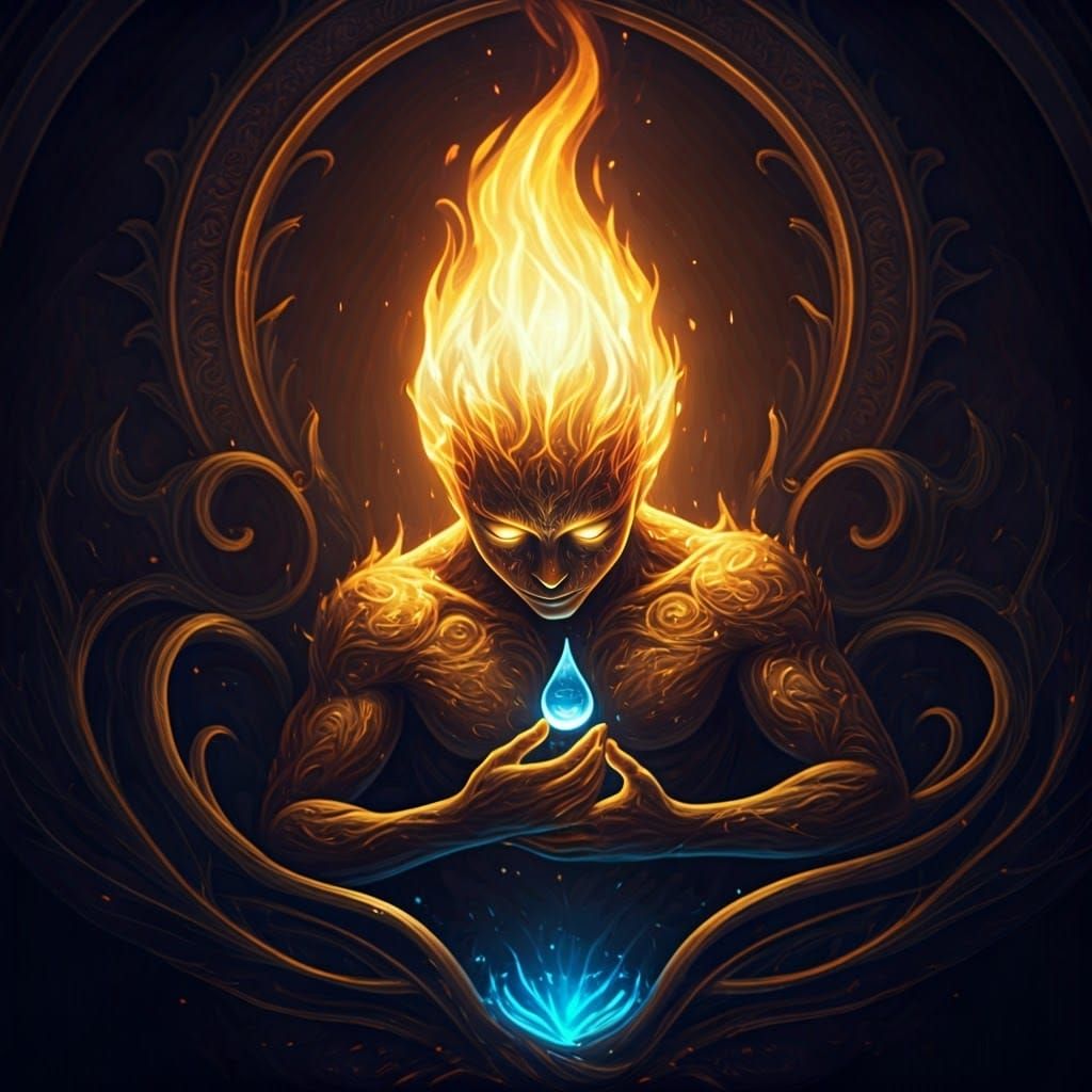Flame and Water Droplet Holding Hands: Fantasy Art
