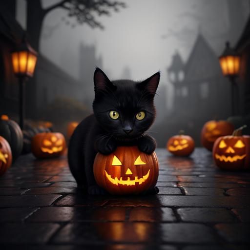 Black Cat in Jack-O-Lantern on Foggy Night