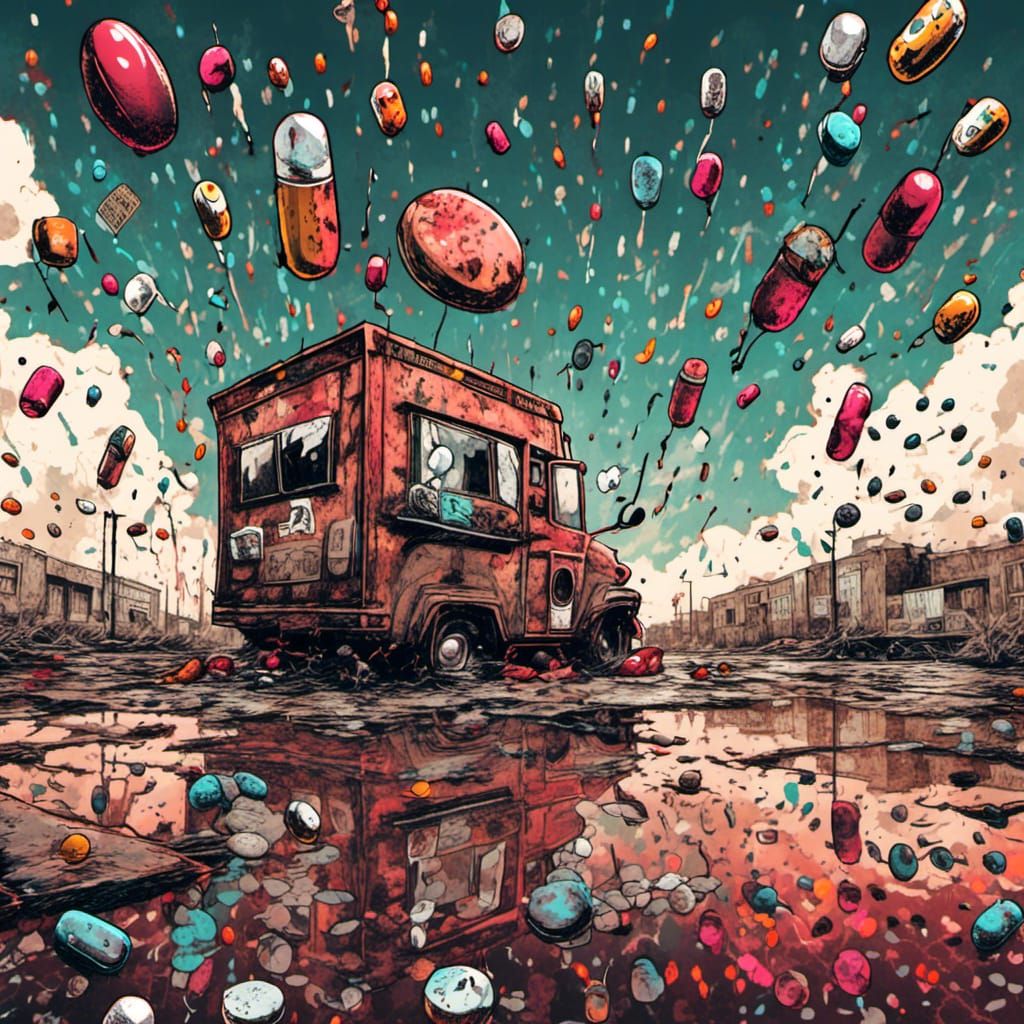 Apocalyptic Cityscape with Pills Rain