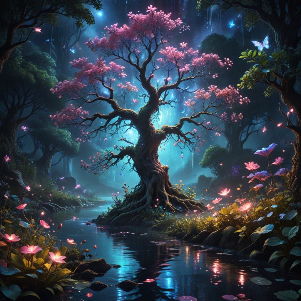 Enchanting Cosmic Tree with Fairies and Bioluminescent Flora