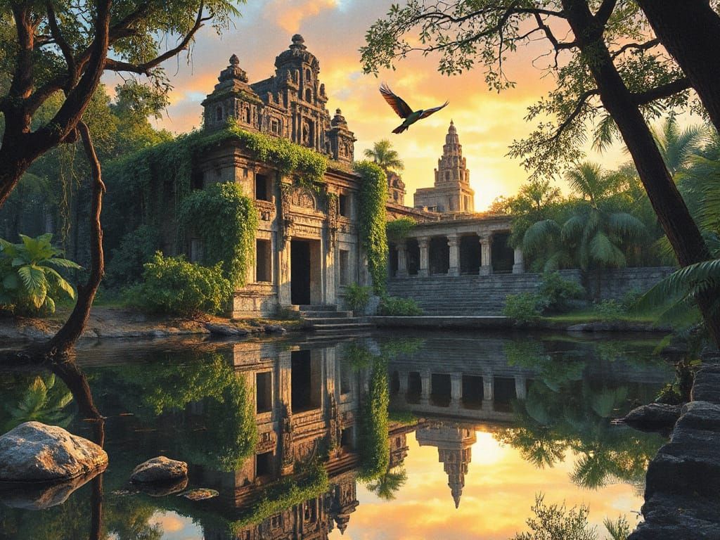 Jungle Ruined City Reflected in Lake at Sunset