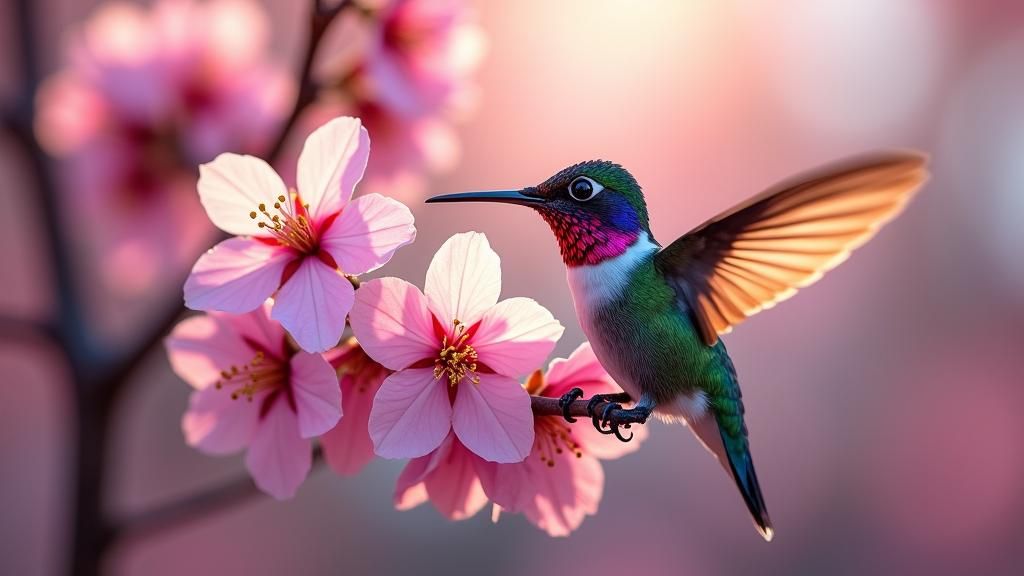 Hummingbird on Luminescent Cherry Blossoms: Macro Photograph