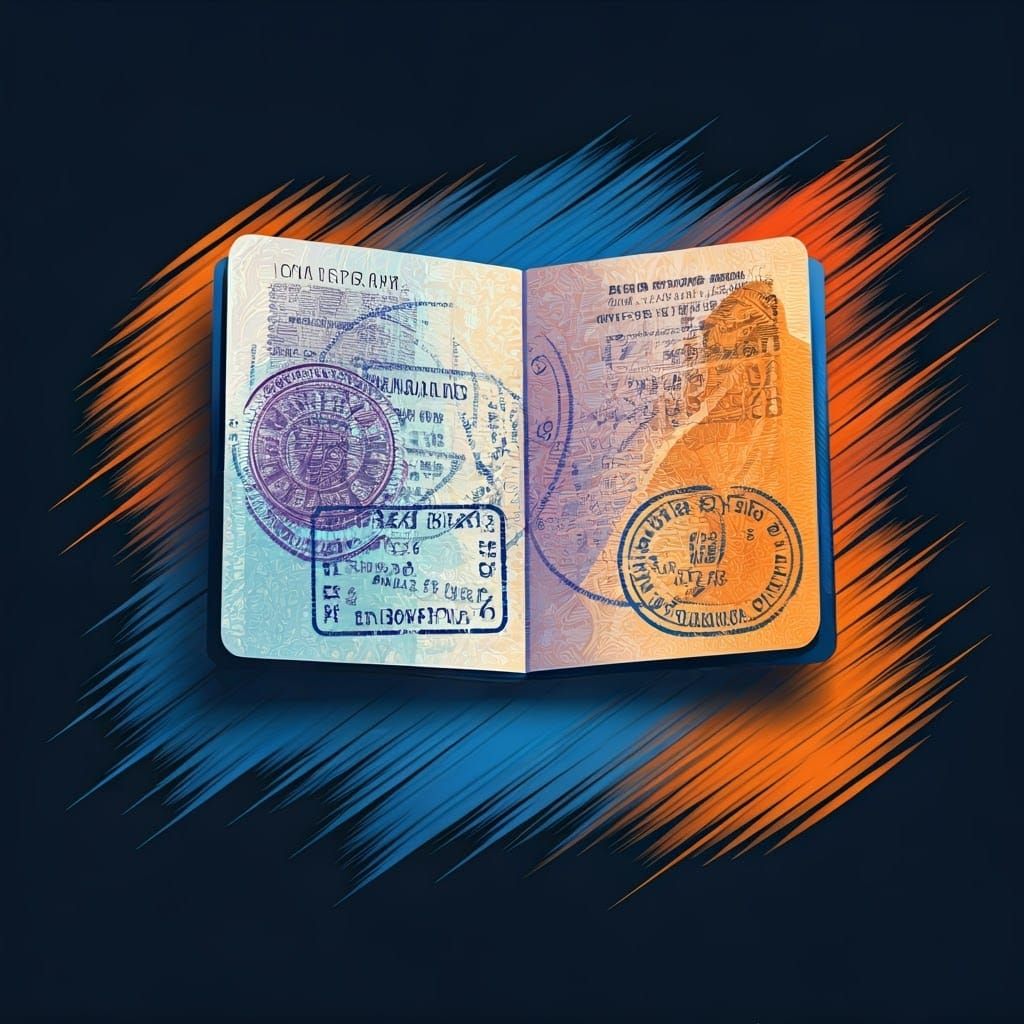 Abstract Passport with Visa Stamps in Expressionist Style