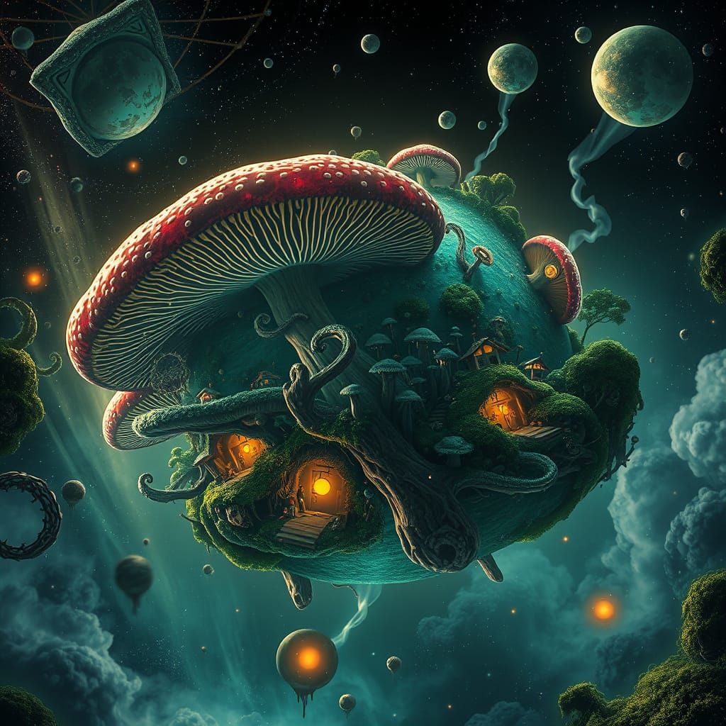 Bioluminescent Mushroom Planet in Space, Dreamlike Illustrat...