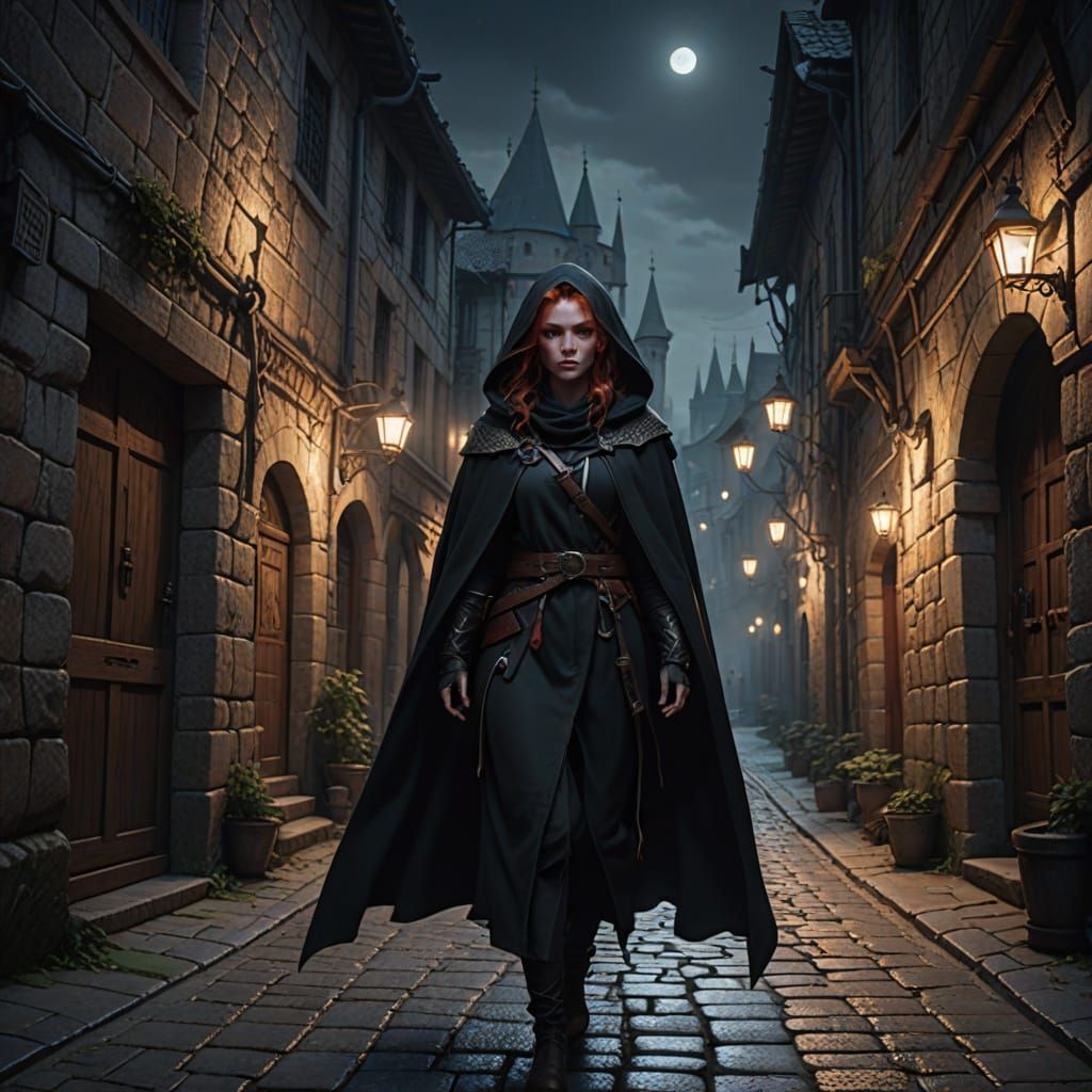Red-Haired Assassin Girl in Medieval Alleyway