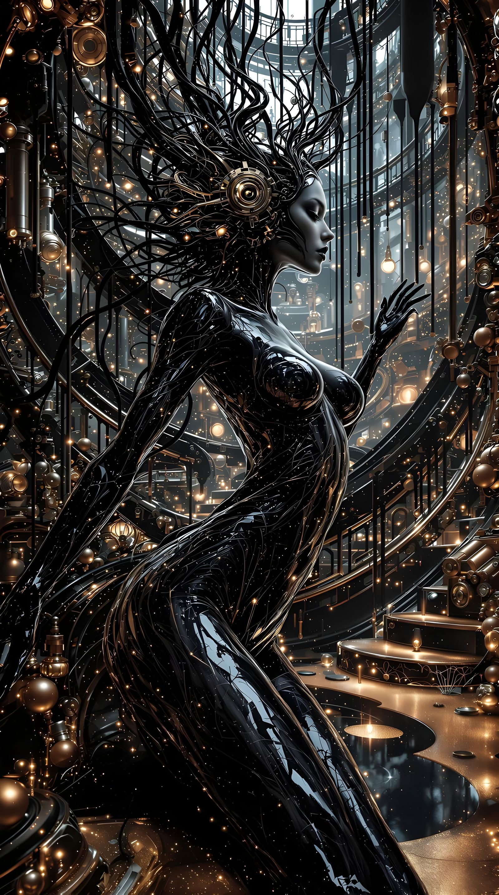 Surreal Labyrinthine Ink Goddess Transforms into Filigree