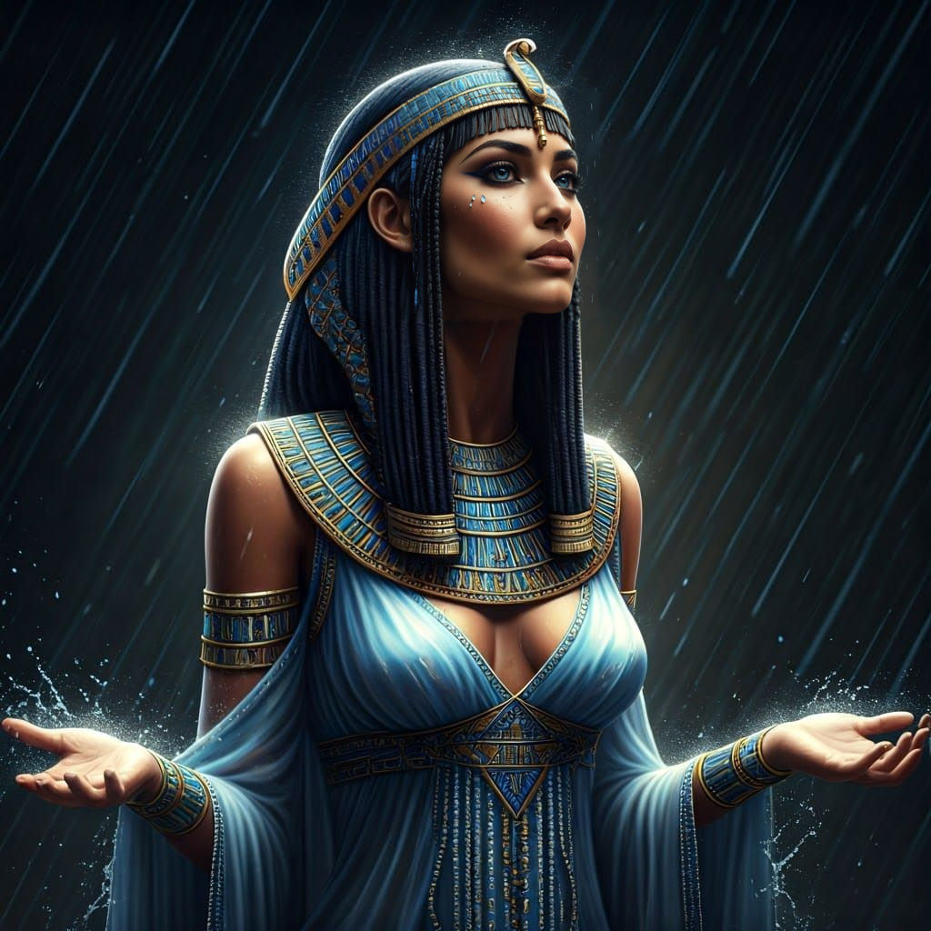 Egyptian Goddess Ta-Sent-Nefert in Ancient Temple Rainstorm