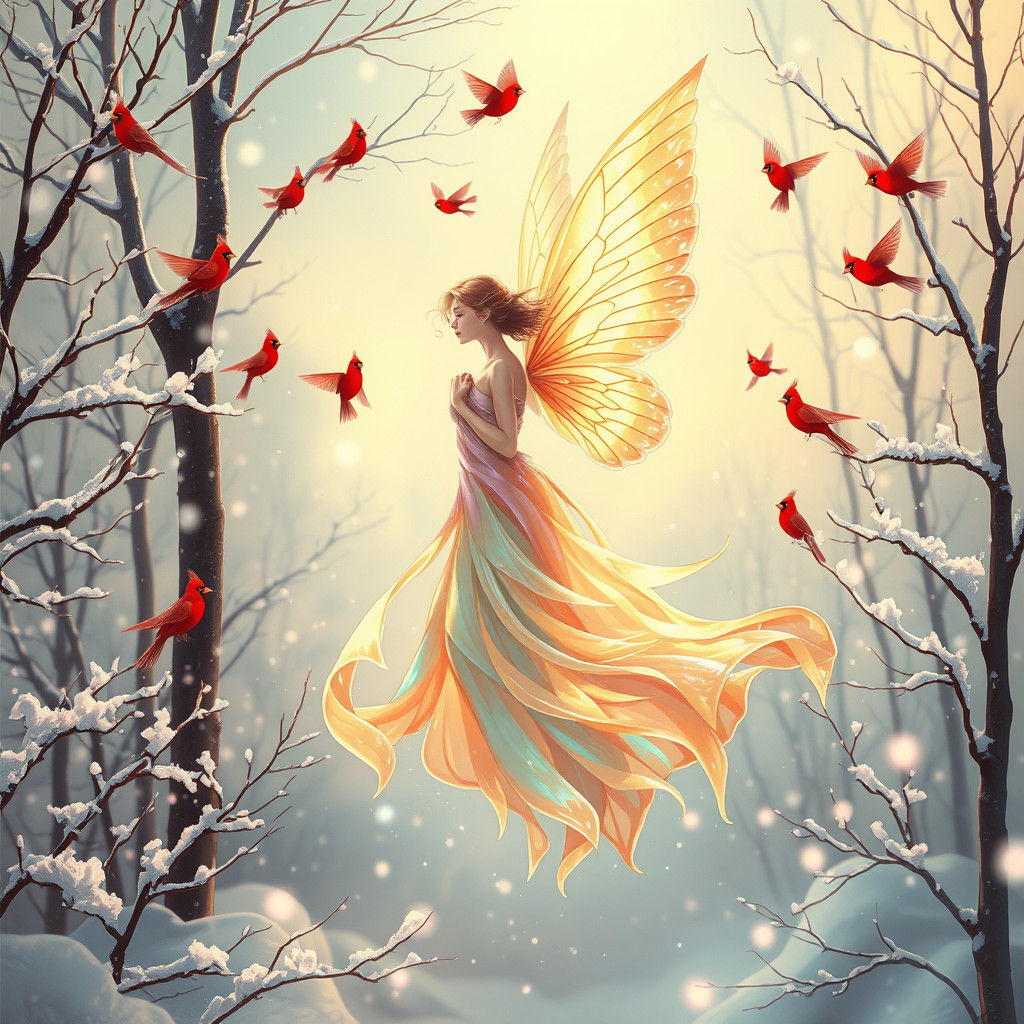 Ethereal Fairy with Cardinals in Winter, Art Deco