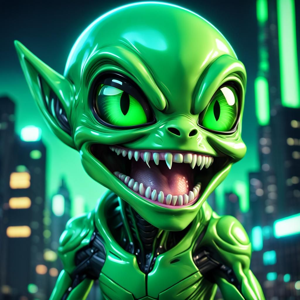 Grinning Chibi Alien in Neon Cityscape
