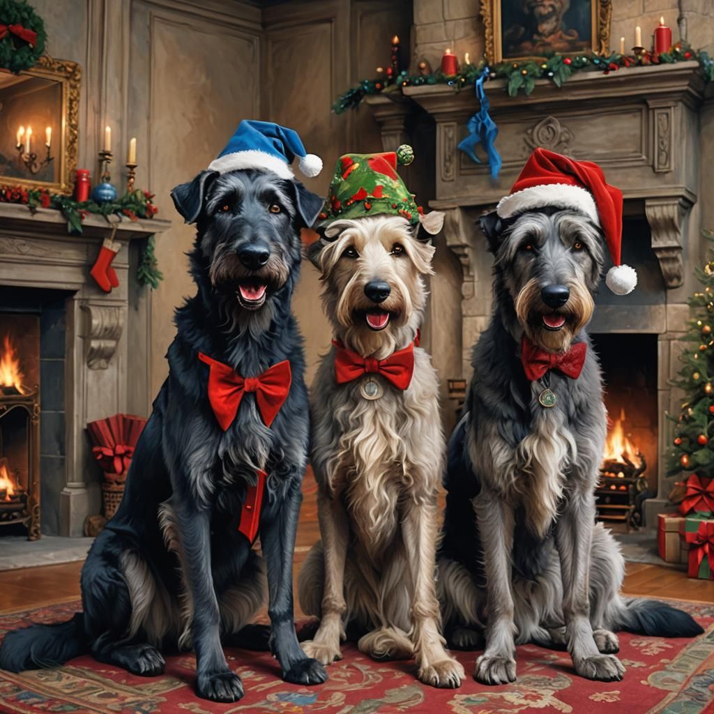Festive Irish Wolfhound and Couple in Mansion