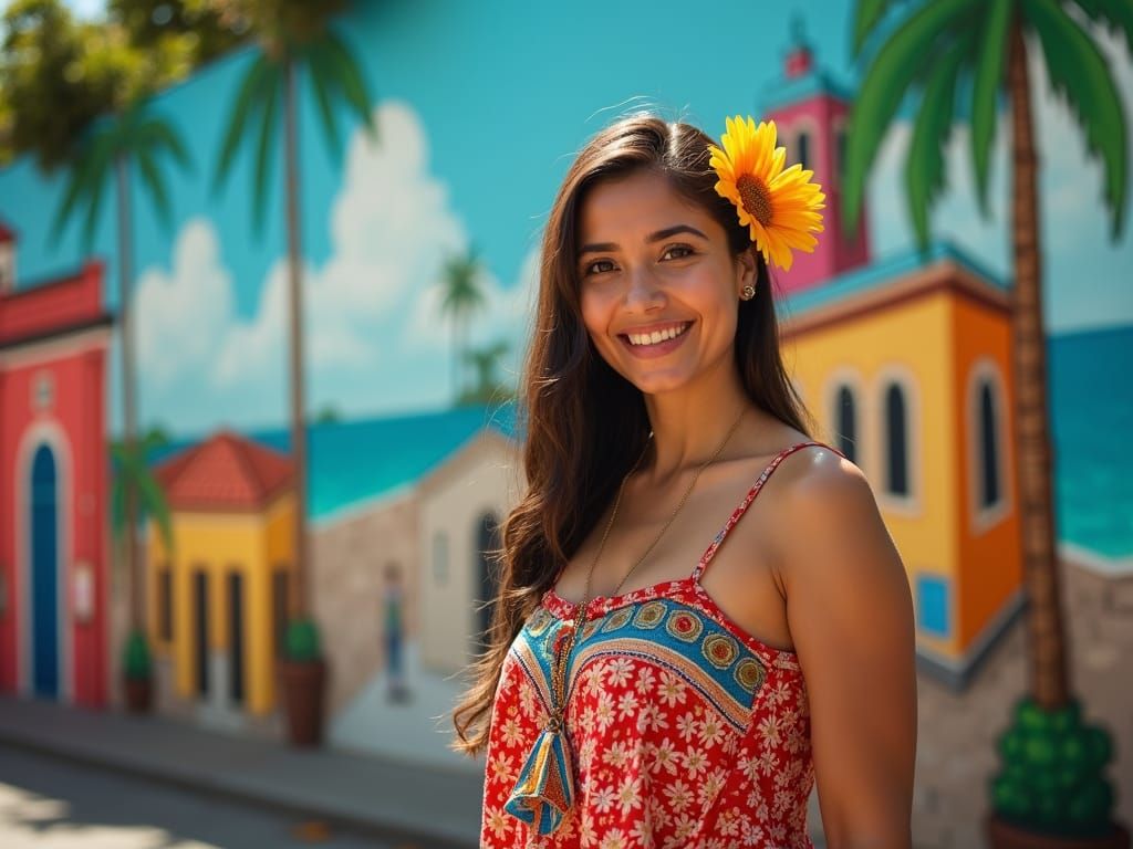 Puerto Rican Woman in Front of La Bombonera Mural