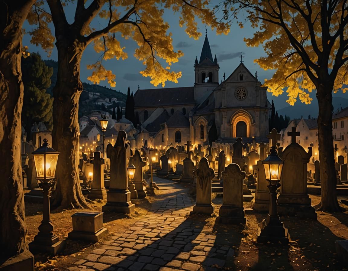 A GRAVEYARD IN A DARK MIDDLE AGES IN GREECE WHERE A GHOST IS WALKING NEAR THE SURFACE AND MANY MANY LAMPS, MASTERPIECE, ...