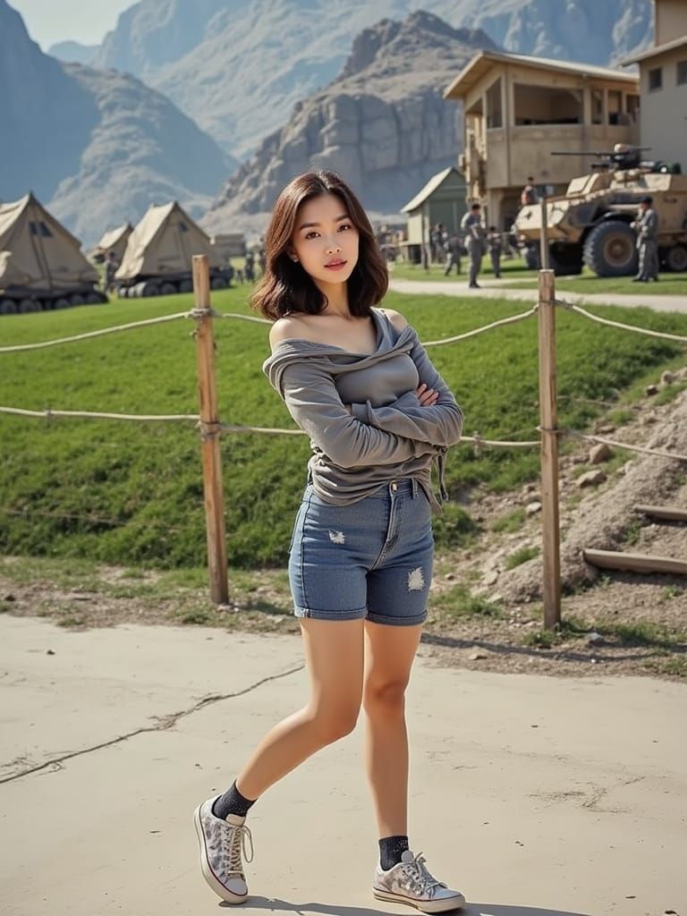 Young Woman in Military Setting, Photorealistic Portrait