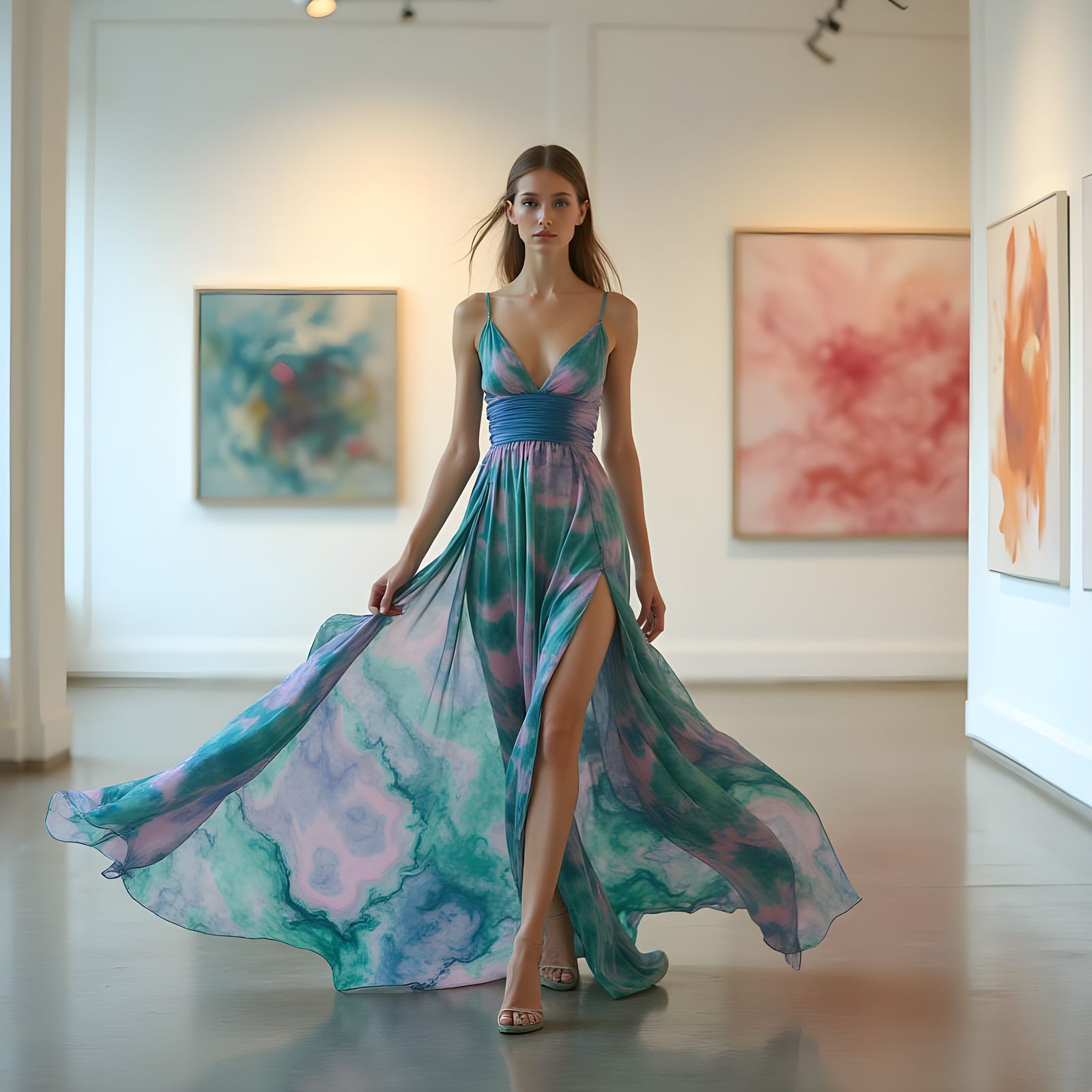 Fashion Model in Marbled Silk Dress