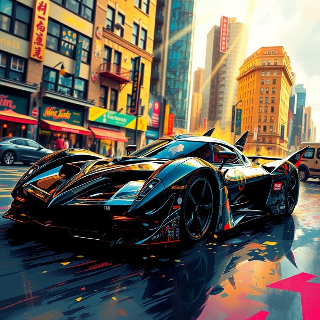Batmobile Supercar in Abstract Expressionist Cityscape