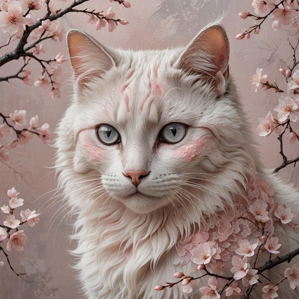 Melancholic Cherry Blossom Cat in Delicate Lacework